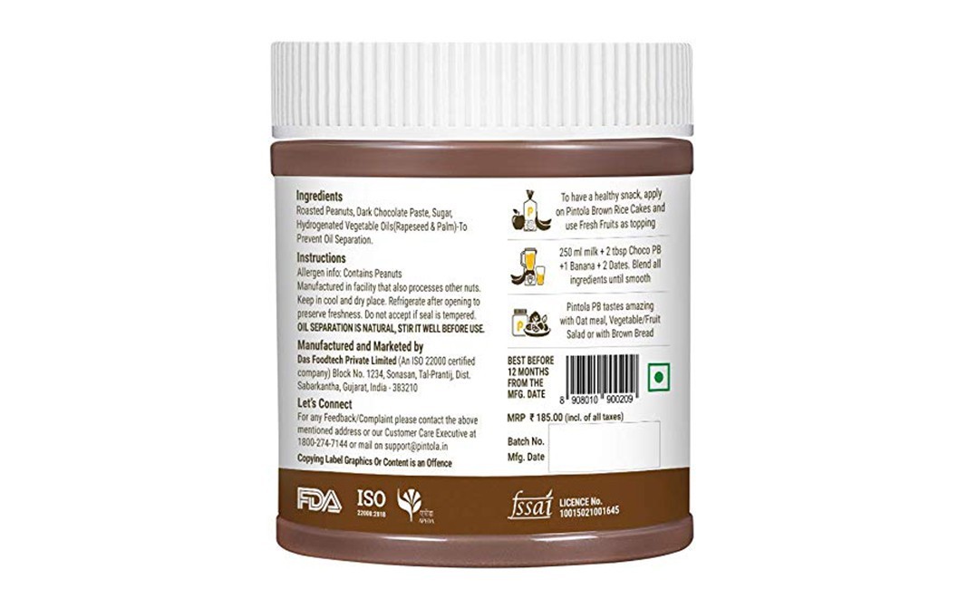 Pintola Peanut Butter Dark Chocolate Creamy   Plastic Jar  350 grams